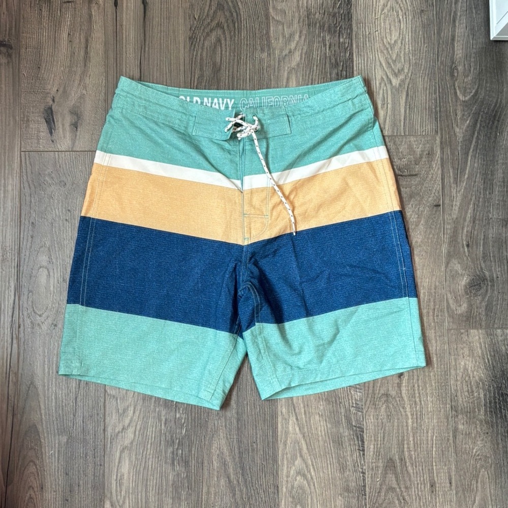 Old Navy California Mens Size 30 Board Shorts Striped Teal Blue Orange Swim
